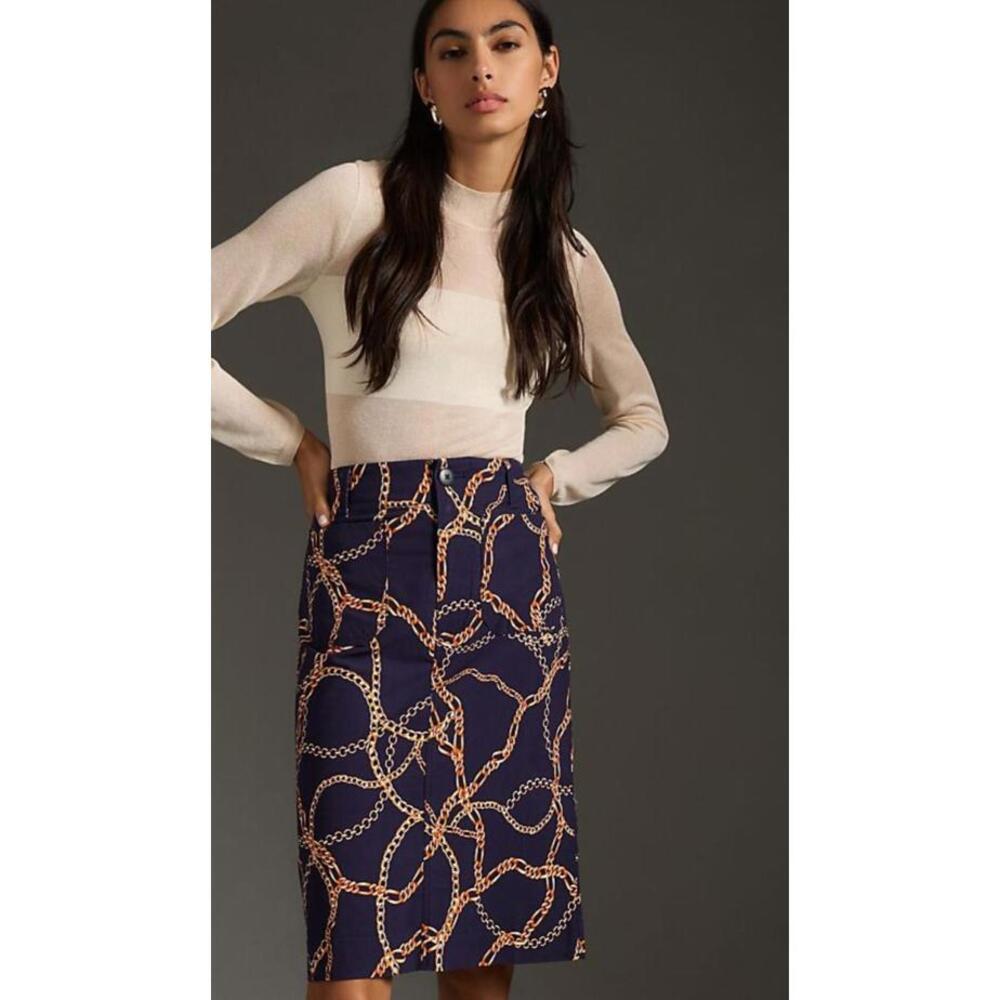 Maeve Navy Chain-Print Pencil Skirt